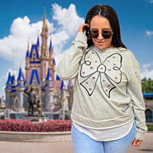 Disney Parks Minnie Mouse Sweatshirt Embroidered Bow Raw-Edge Hem Pullover Shirt